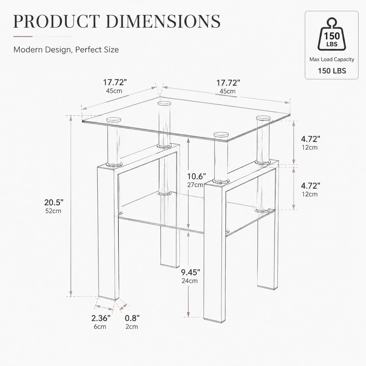 Modern 2‑Tier Glass Side Table with Metal Legs