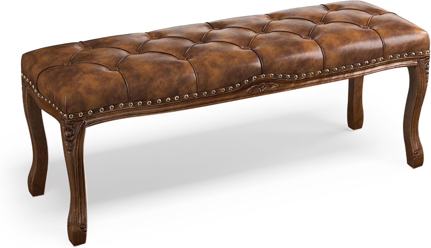 Vintage Tufted Faux Leather Ottoman Bench