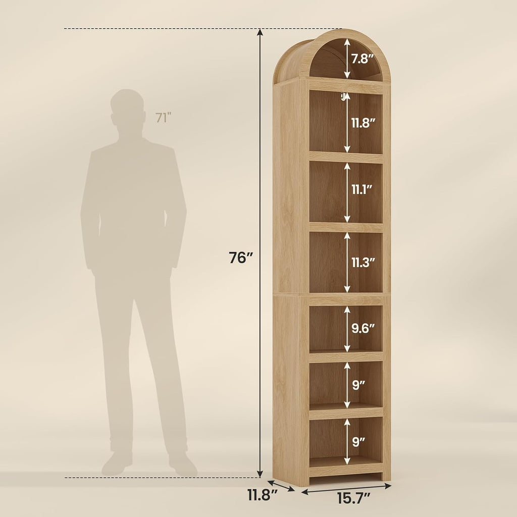 Mid‑Century Oak Arched Tall Narrow Bookshelf