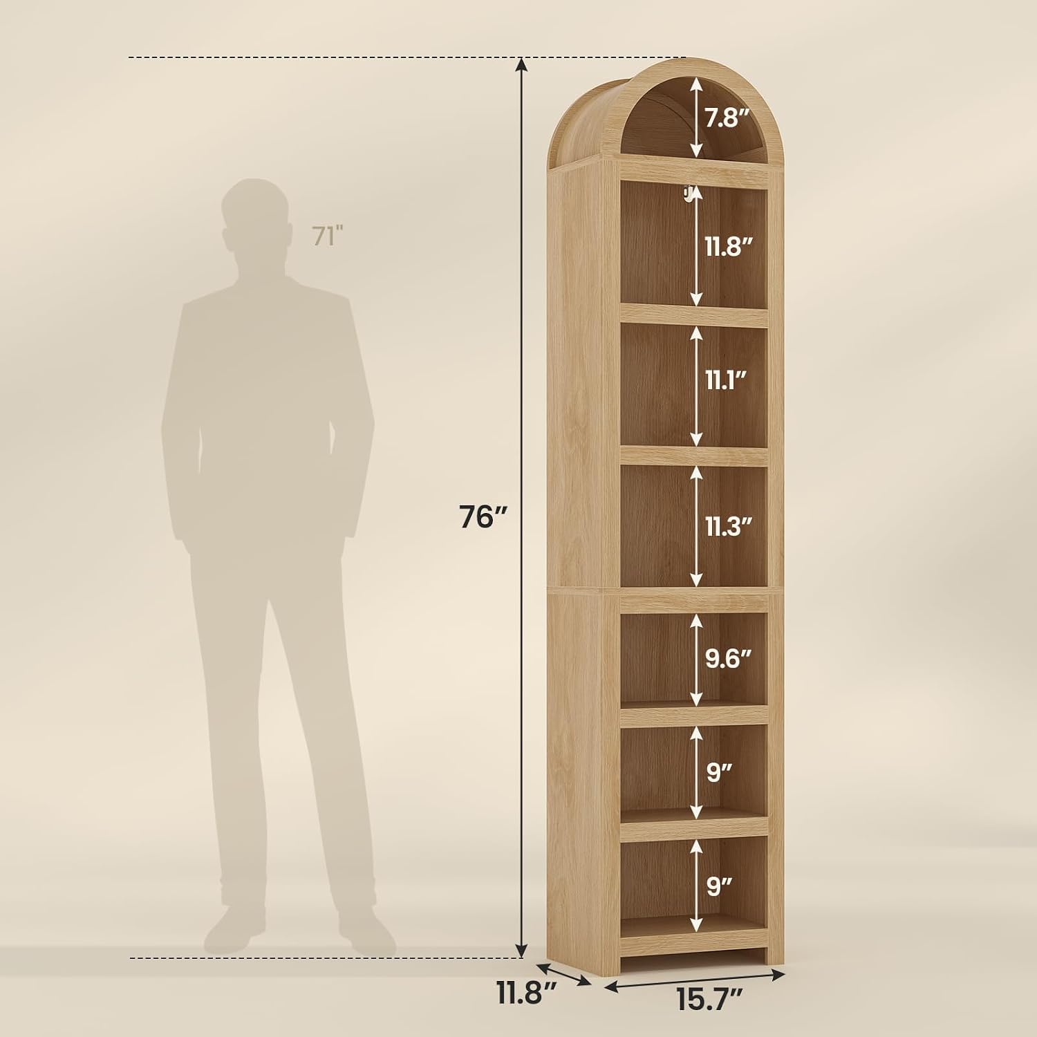 Mid‑Century Oak Arched Tall Narrow Bookshelf