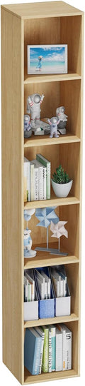 Oak 6‑Tier Tall Narrow Open Bookshelf