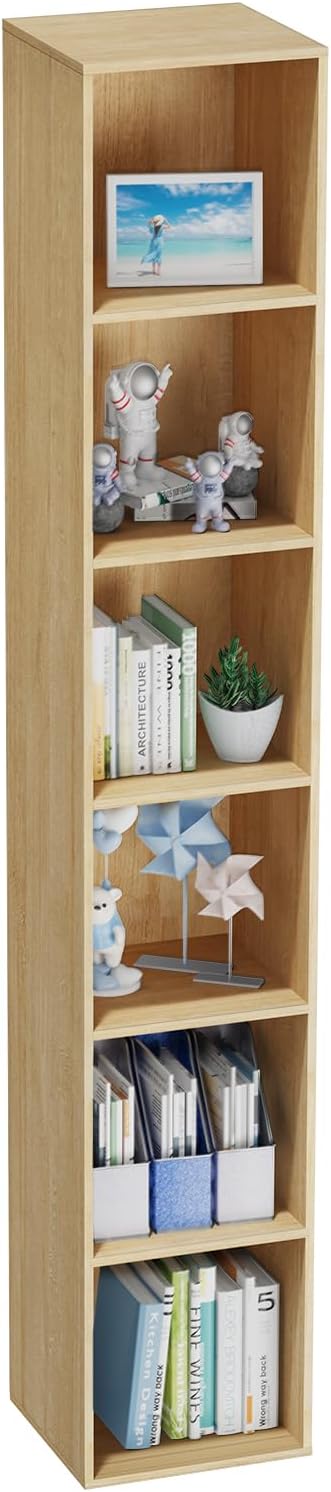 Oak 6‑Tier Tall Narrow Open Bookshelf