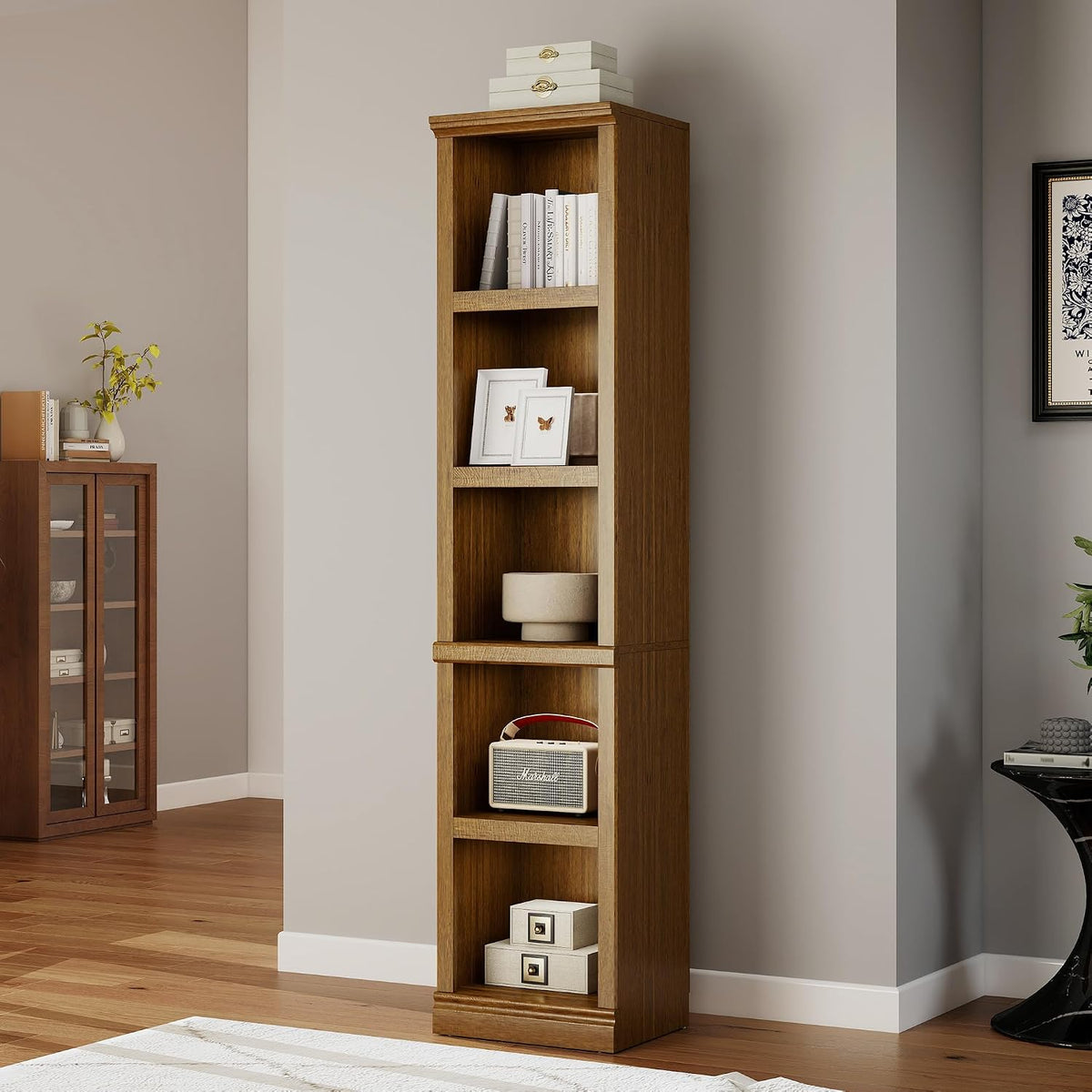 Vintage Oak 5‑Tier Tall Narrow Bookshelf