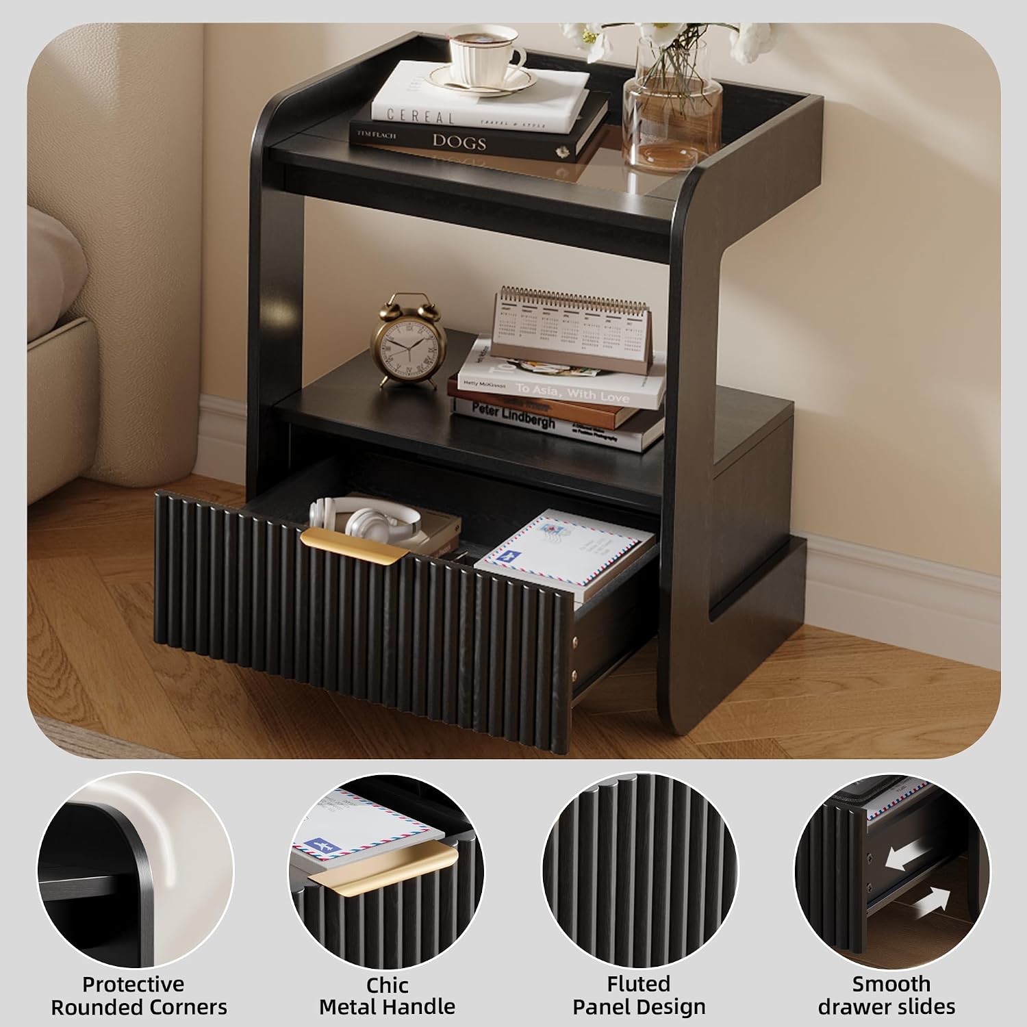 Modern Fluted Wooden Nightstand with Glass Top