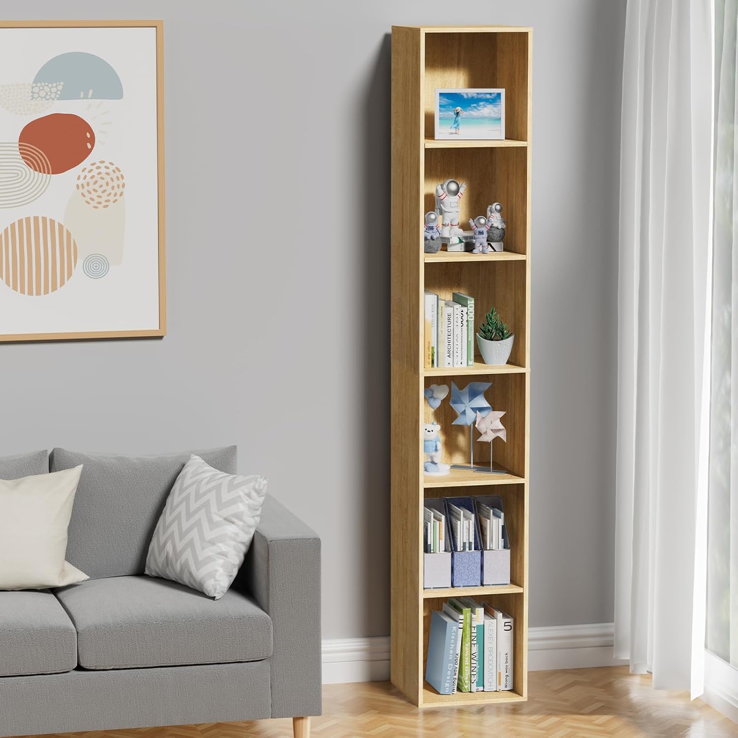 Oak 6‑Tier Tall Narrow Open Bookshelf