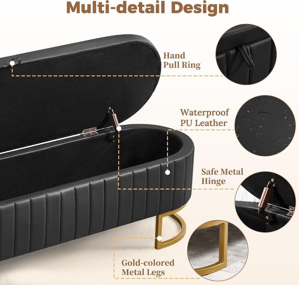 Faux Leather Storage Ottoman Bench with Metal Legs