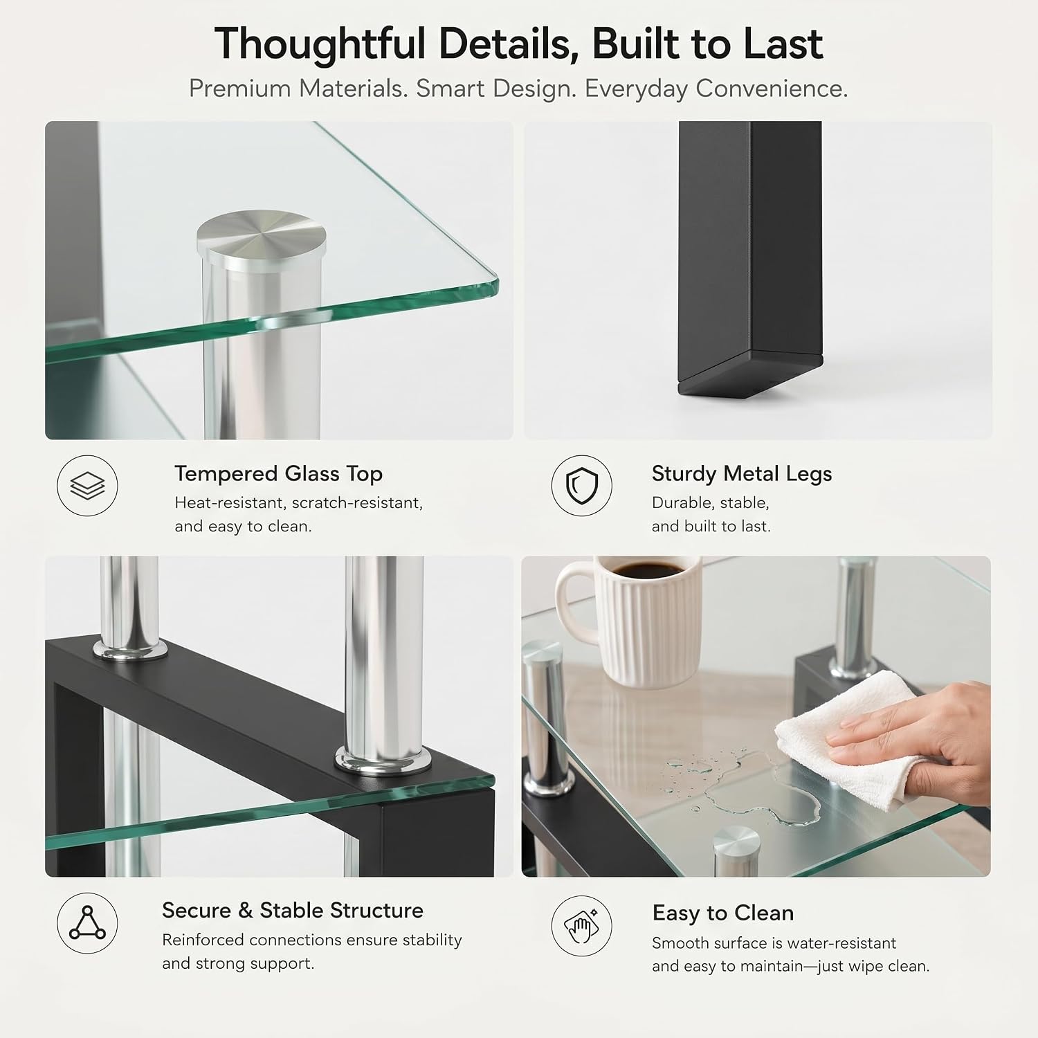Modern 2‑Tier Glass Side Table with Metal Legs
