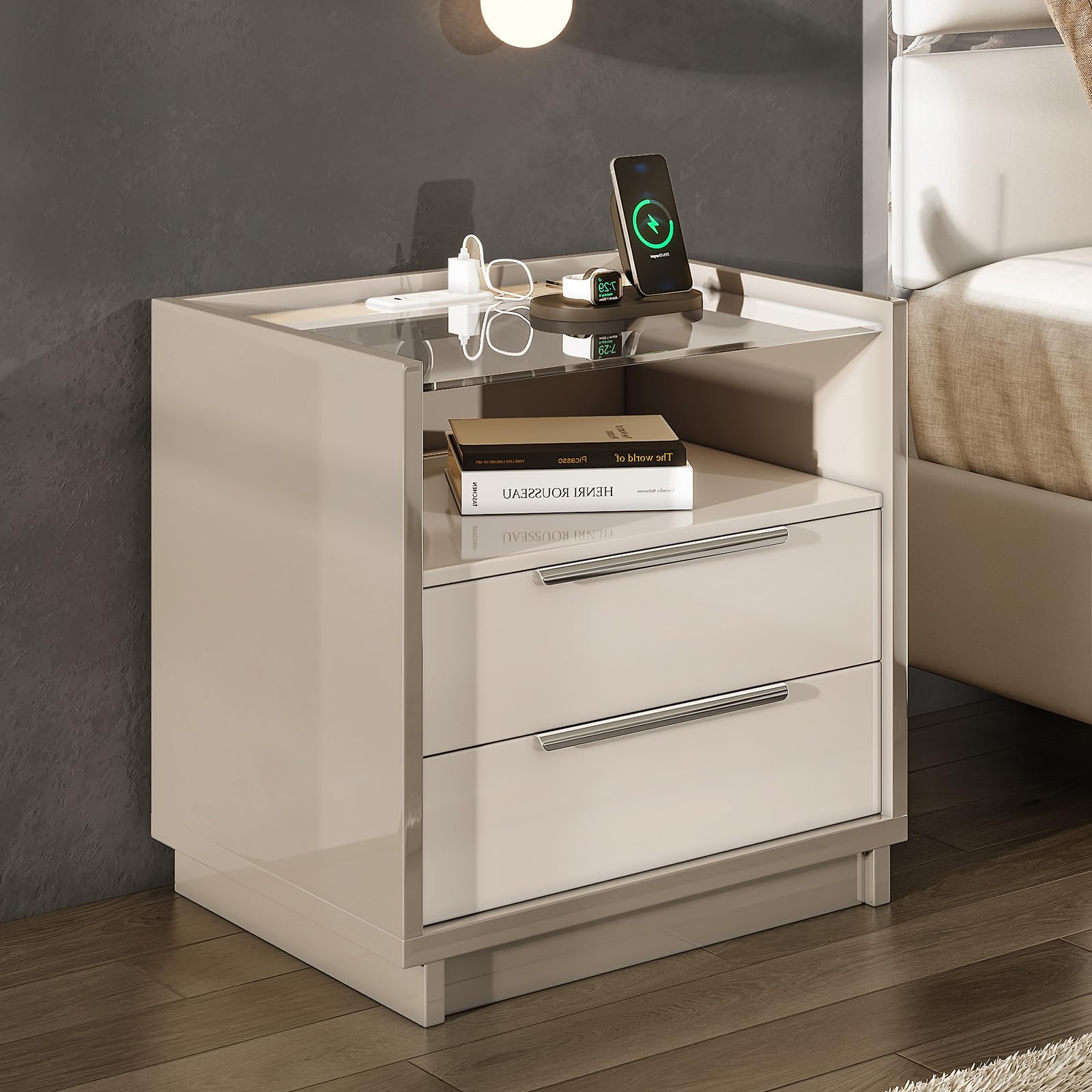 Modern Cream Grey Bedside Nightstand Table