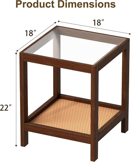 Boho Solid Wood Nightstands with Rattan Shelf