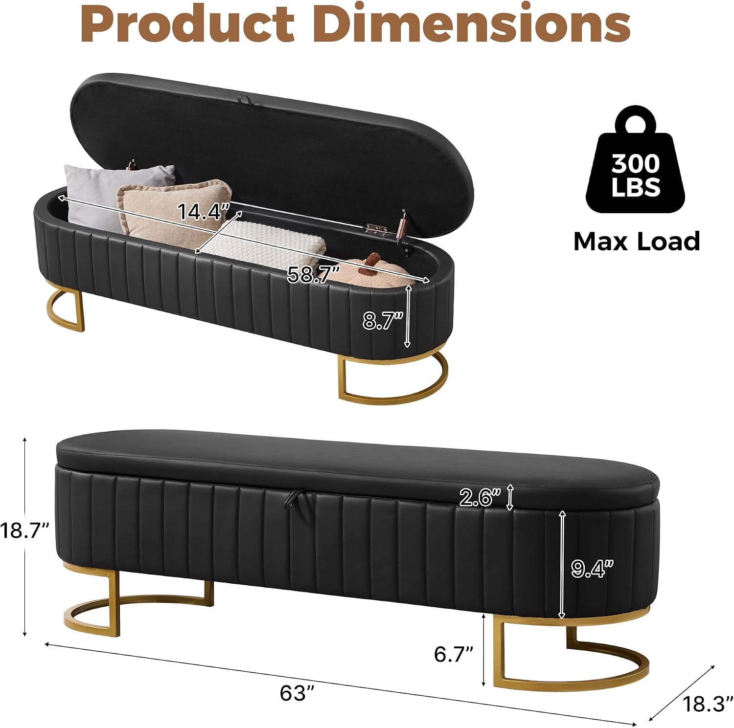Faux Leather Storage Ottoman Bench with Metal Legs