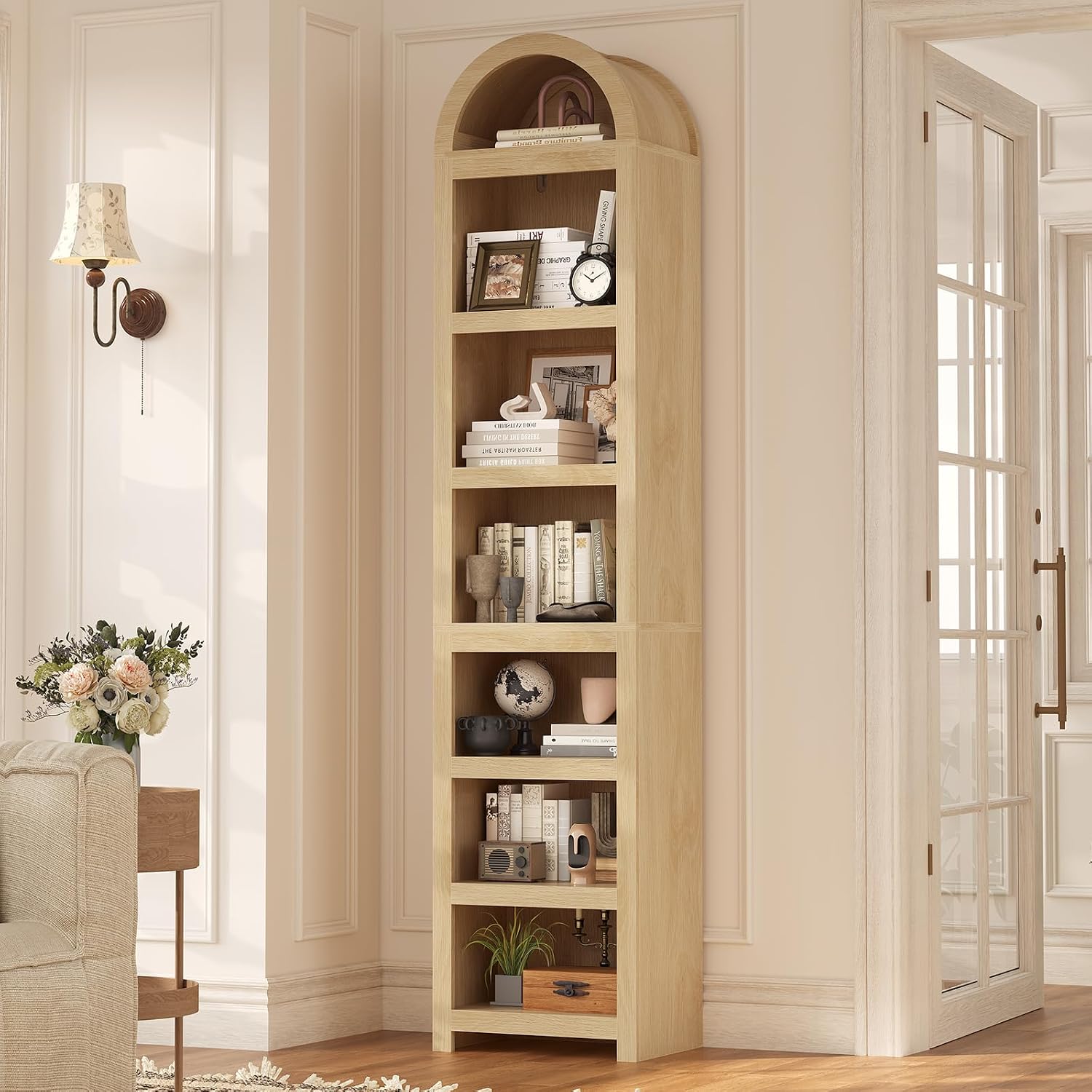 Mid‑Century Oak Arched Tall Narrow Bookshelf