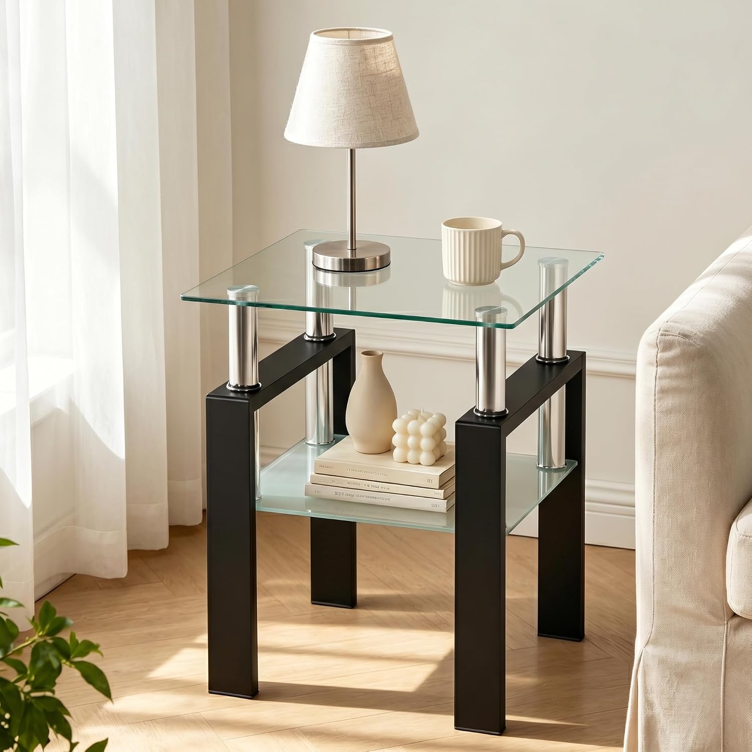 Modern 2‑Tier Glass Side Table with Metal Legs