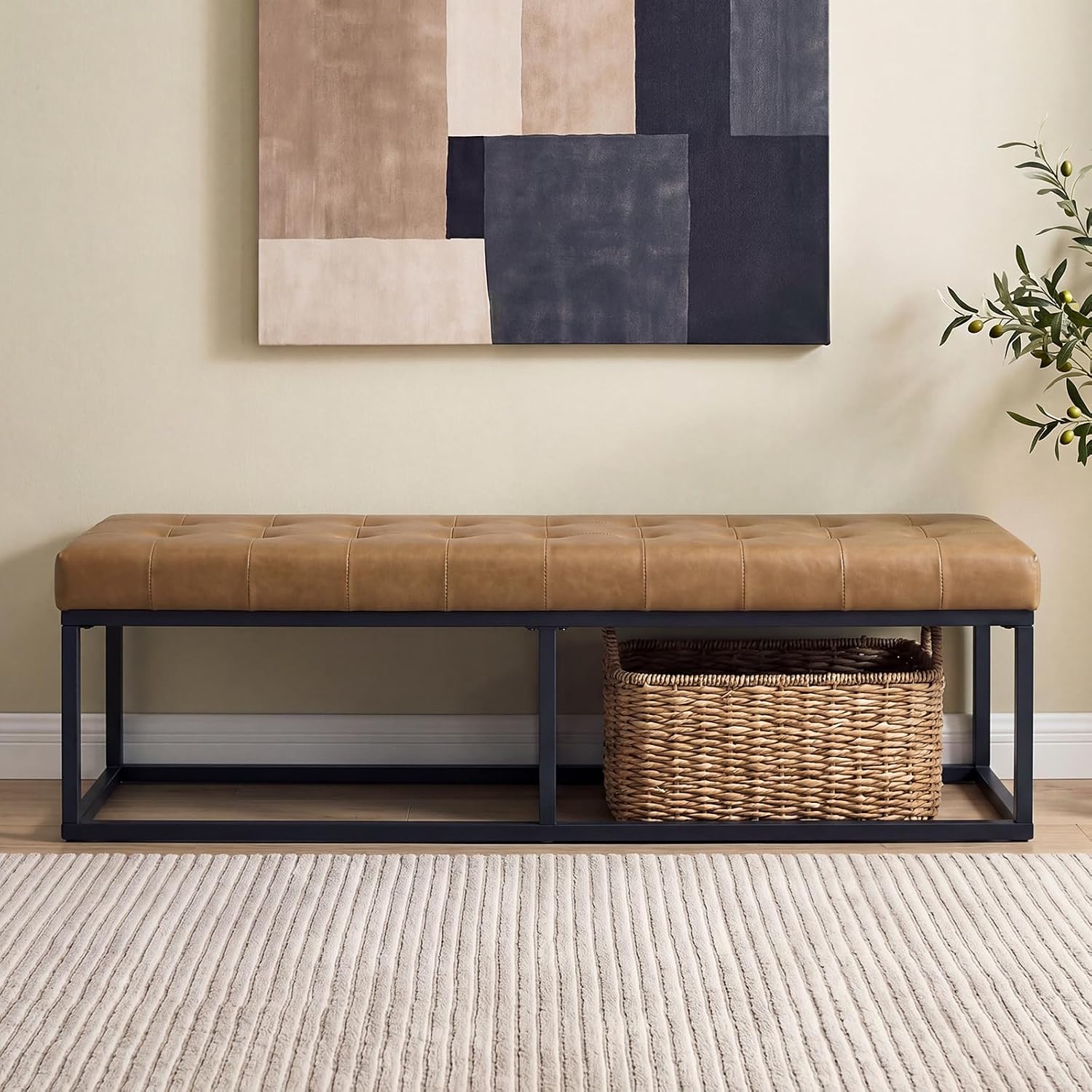 Mid‑Century Tufted Faux Leather Ottoman Bench
