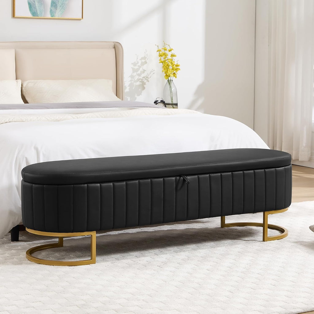 Faux Leather Storage Ottoman Bench with Metal Legs