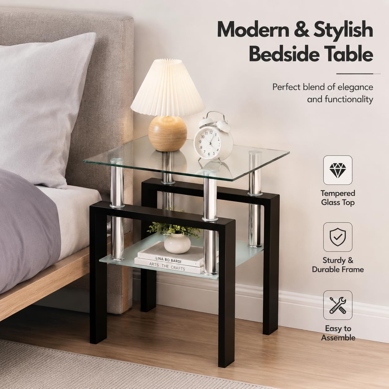 Modern 2‑Tier Glass Side Table with Metal Legs