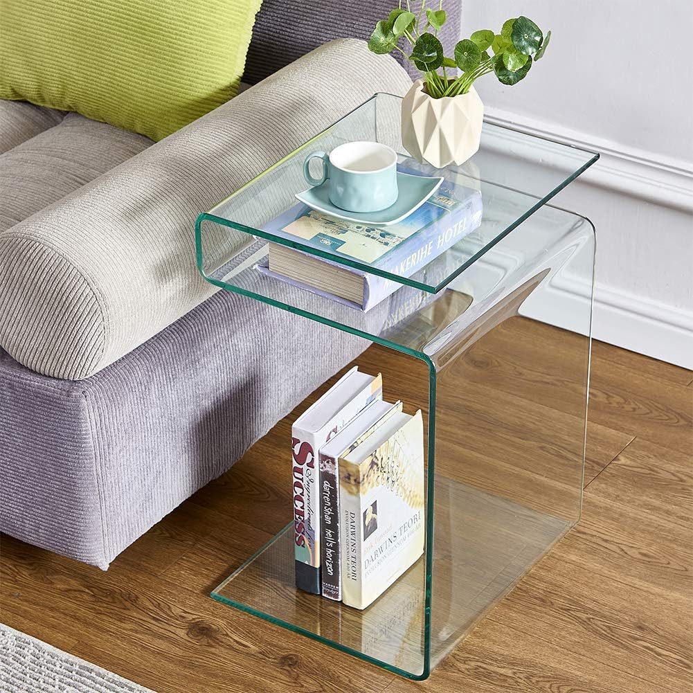 S‑Shaped Glass Nightstand with Storage Shelves