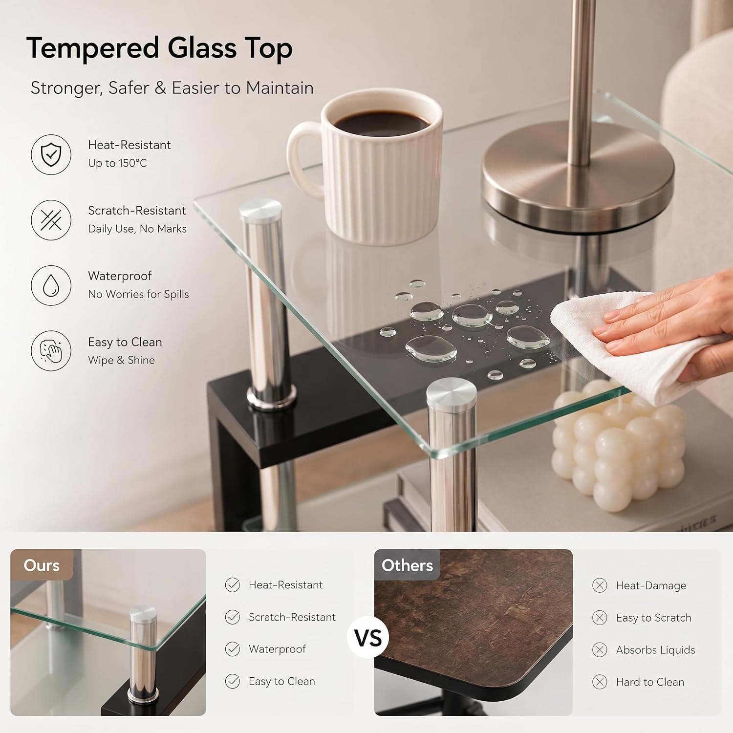 Modern 2‑Tier Glass Side Table with Metal Legs