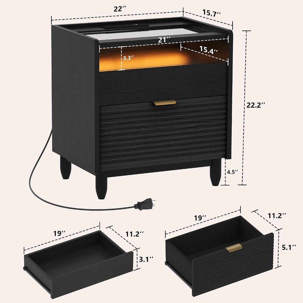 Black Fluted Nightstand with Charging Station