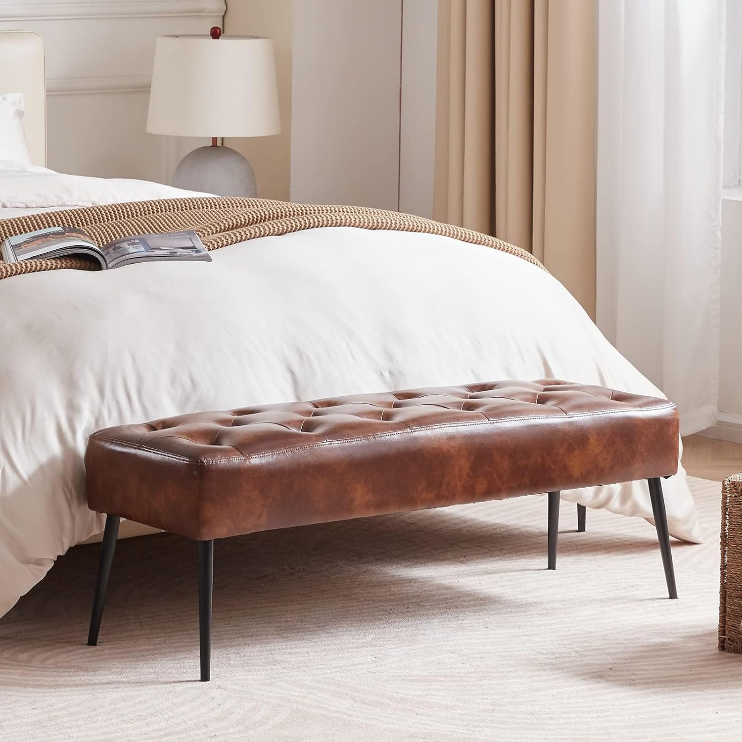 Tufted Leather Upholstered Storage Ottoman Bench