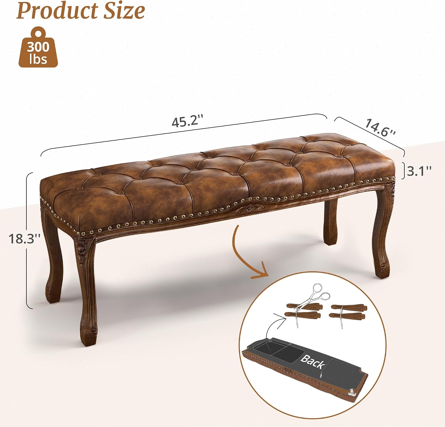 Vintage Tufted Faux Leather Ottoman Bench