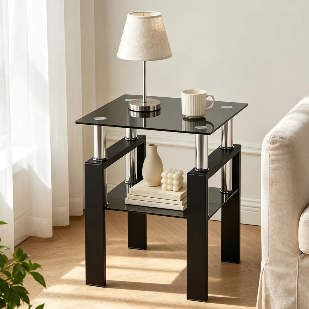 Modern 2‑Tier Glass Side Table with Metal Legs