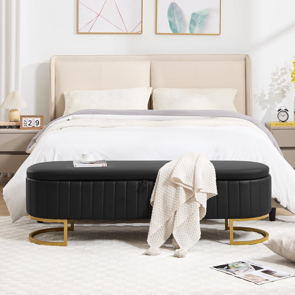 Faux Leather Storage Ottoman Bench with Metal Legs