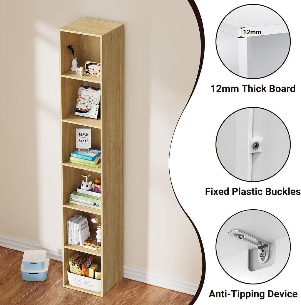 Oak 6‑Tier Tall Narrow Open Bookshelf