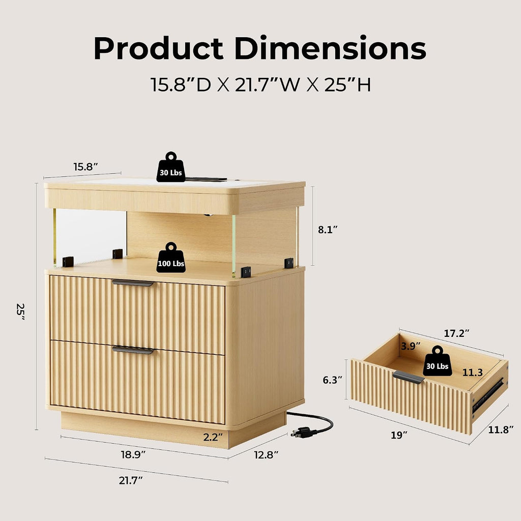 Fluted Oak Nightstands with Charging Station