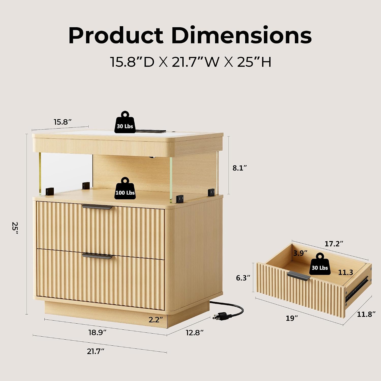 Fluted Oak Nightstands with Charging Station