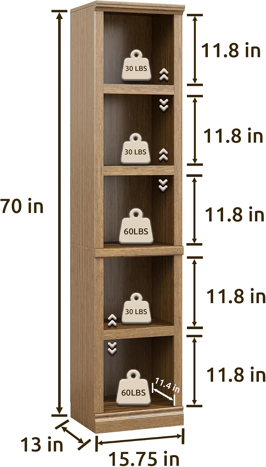 Vintage Oak 5‑Tier Tall Narrow Bookshelf