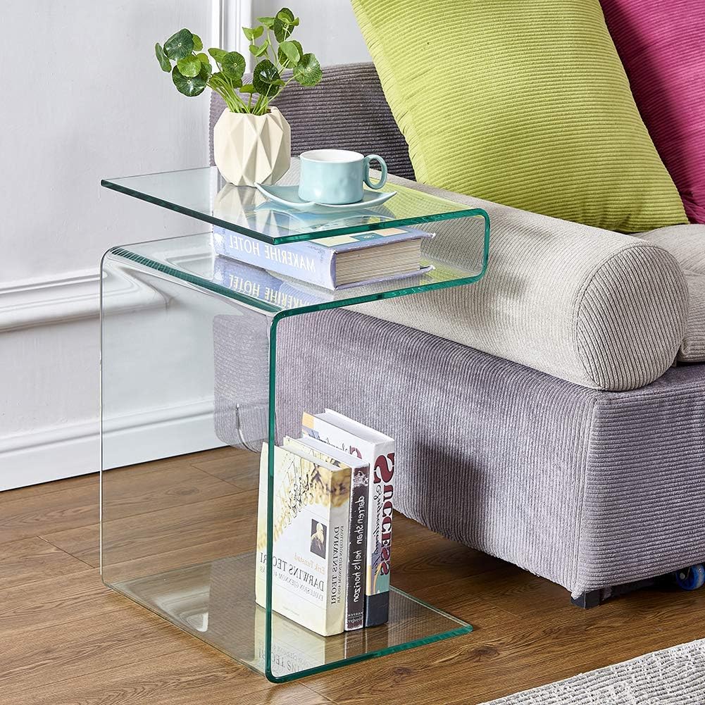S‑Shaped Glass Nightstand with Storage Shelves