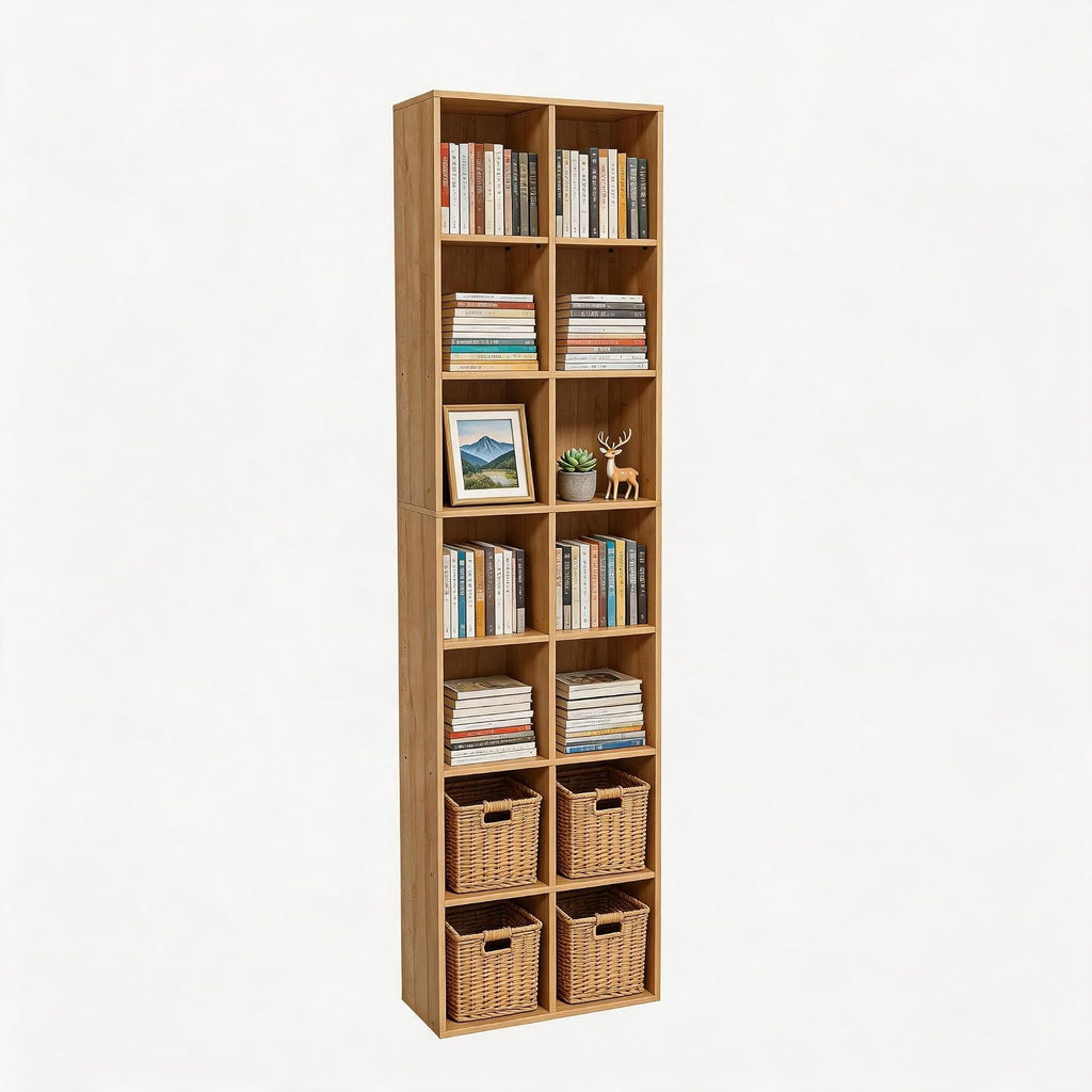 Oak 14‑Cube Tall Narrow Storage Bookshelf