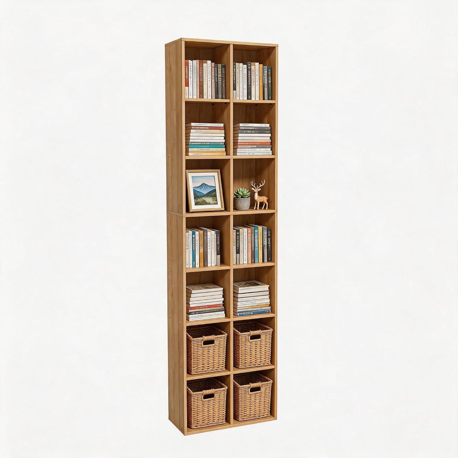 Oak 14‑Cube Tall Narrow Storage Bookshelf