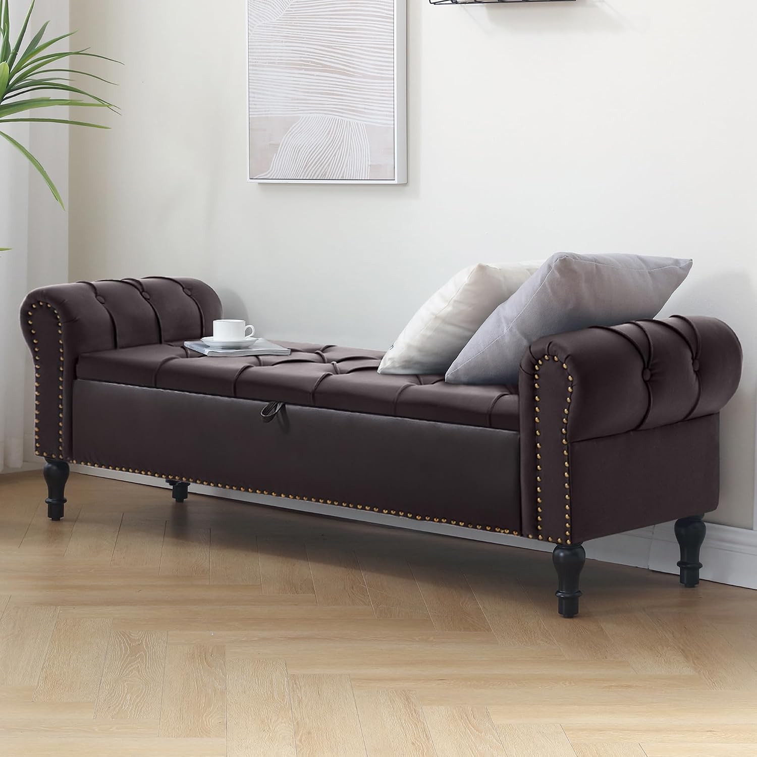 Large Tufted Faux Leather Storage Ottoman Bench
