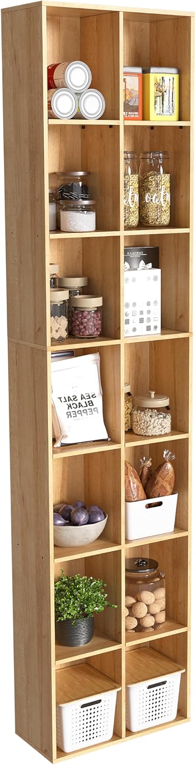 Oak 14‑Cube Tall Narrow Storage Bookshelf