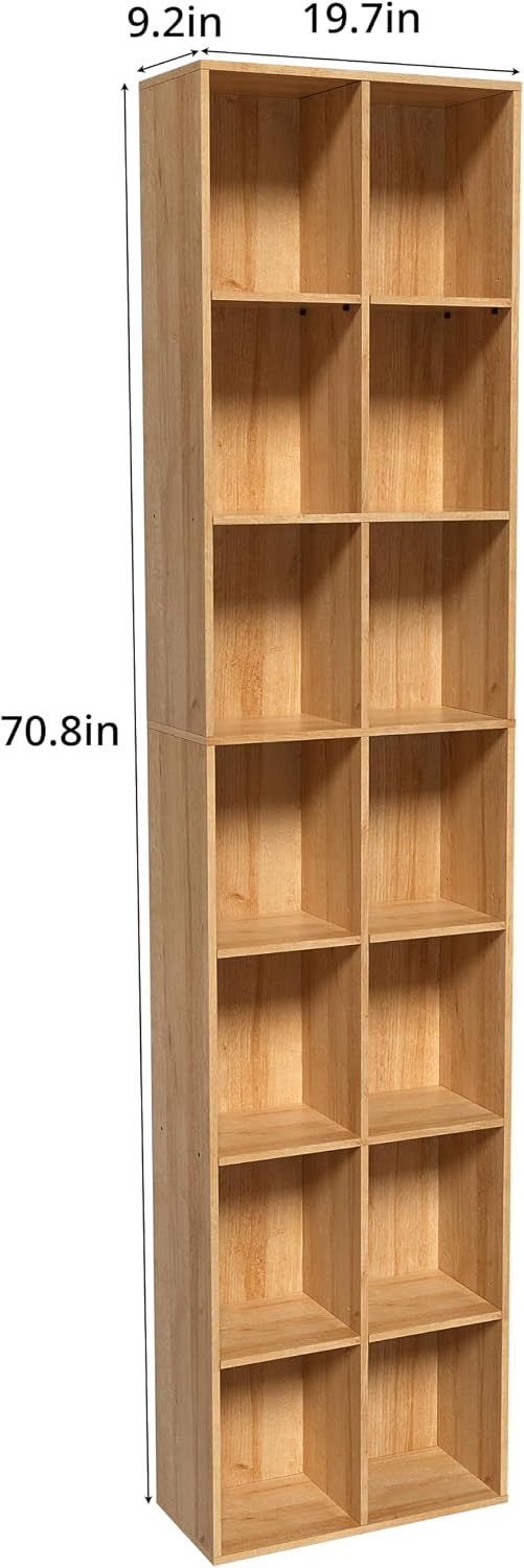 Oak 14‑Cube Tall Narrow Storage Bookshelf