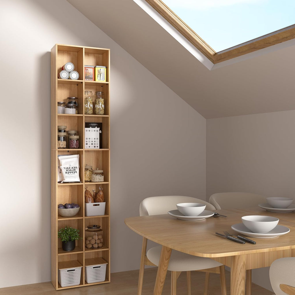 Oak 14‑Cube Tall Narrow Storage Bookshelf