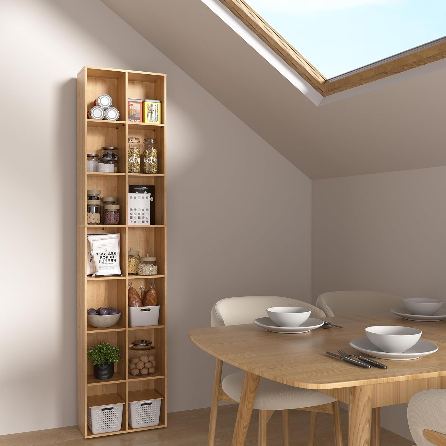 Oak 14‑Cube Tall Narrow Storage Bookshelf