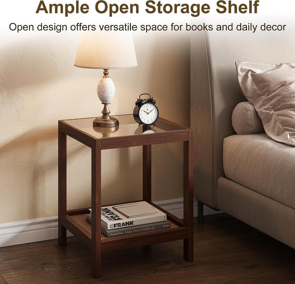 Boho Solid Wood Nightstands with Rattan Shelf