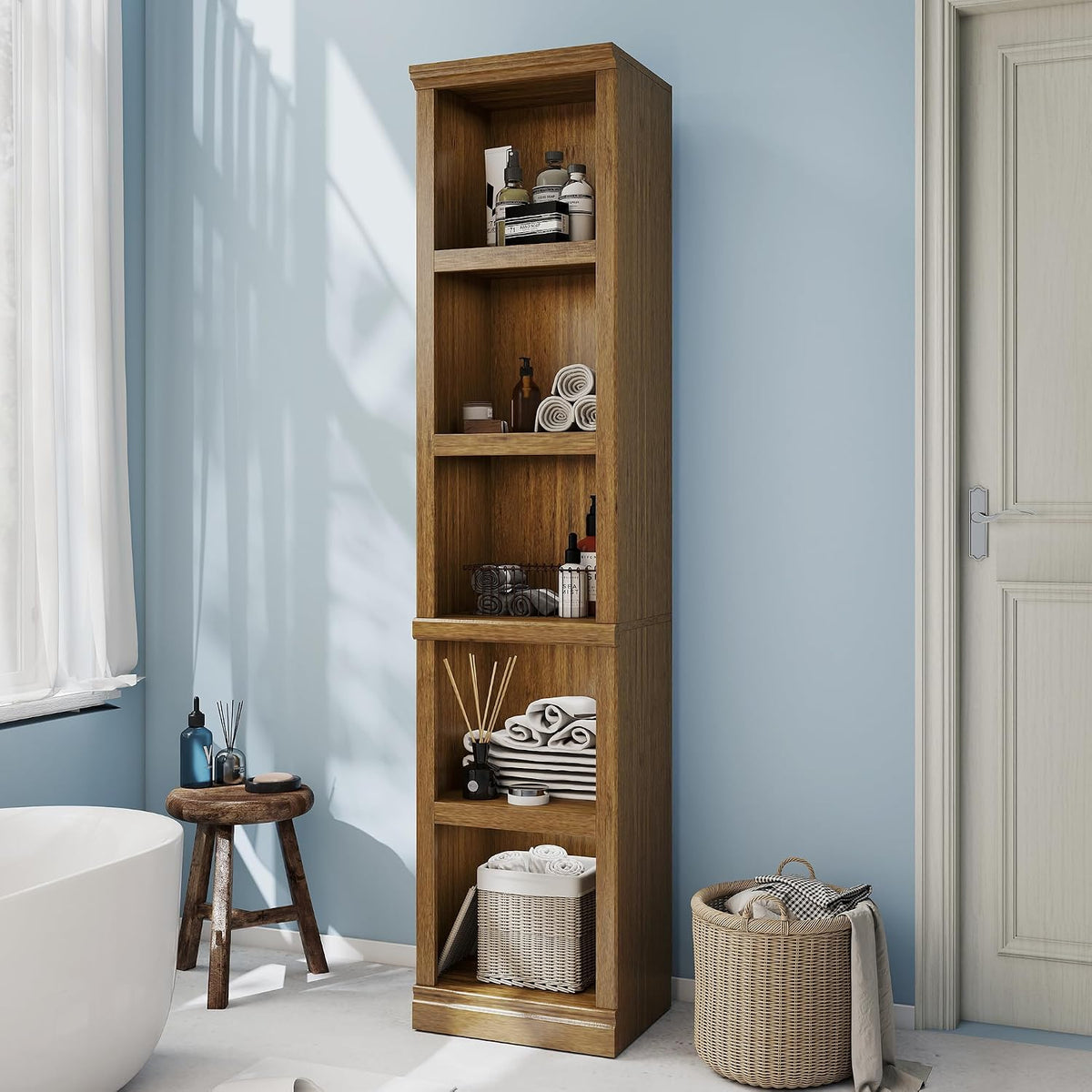 Vintage Oak 5‑Tier Tall Narrow Bookshelf
