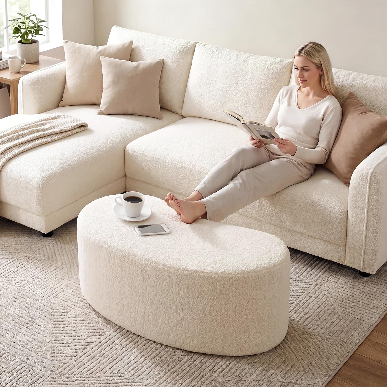 Modern Curved Sherpa Upholstered Ottoman Bench