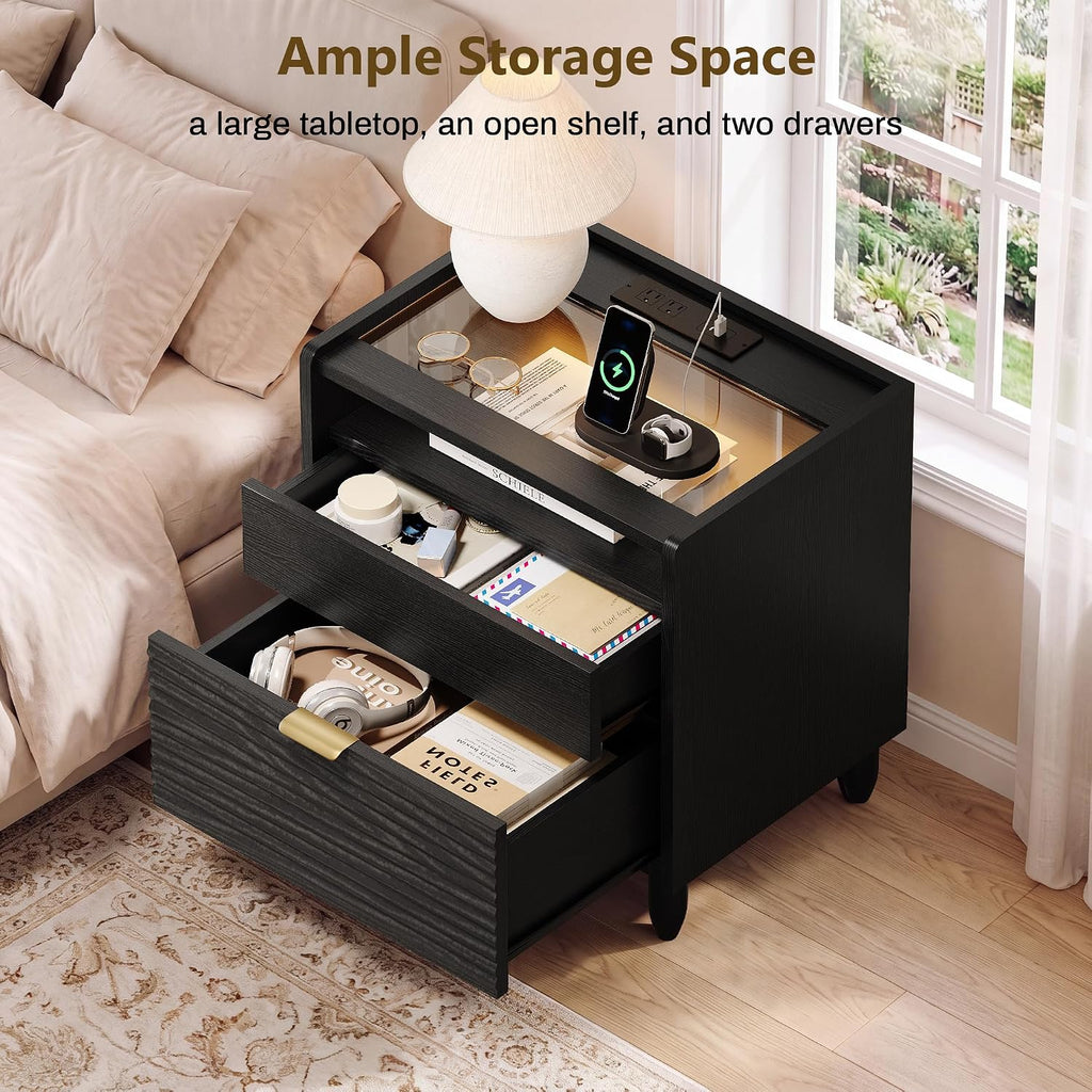 Black Fluted Nightstand with Charging Station