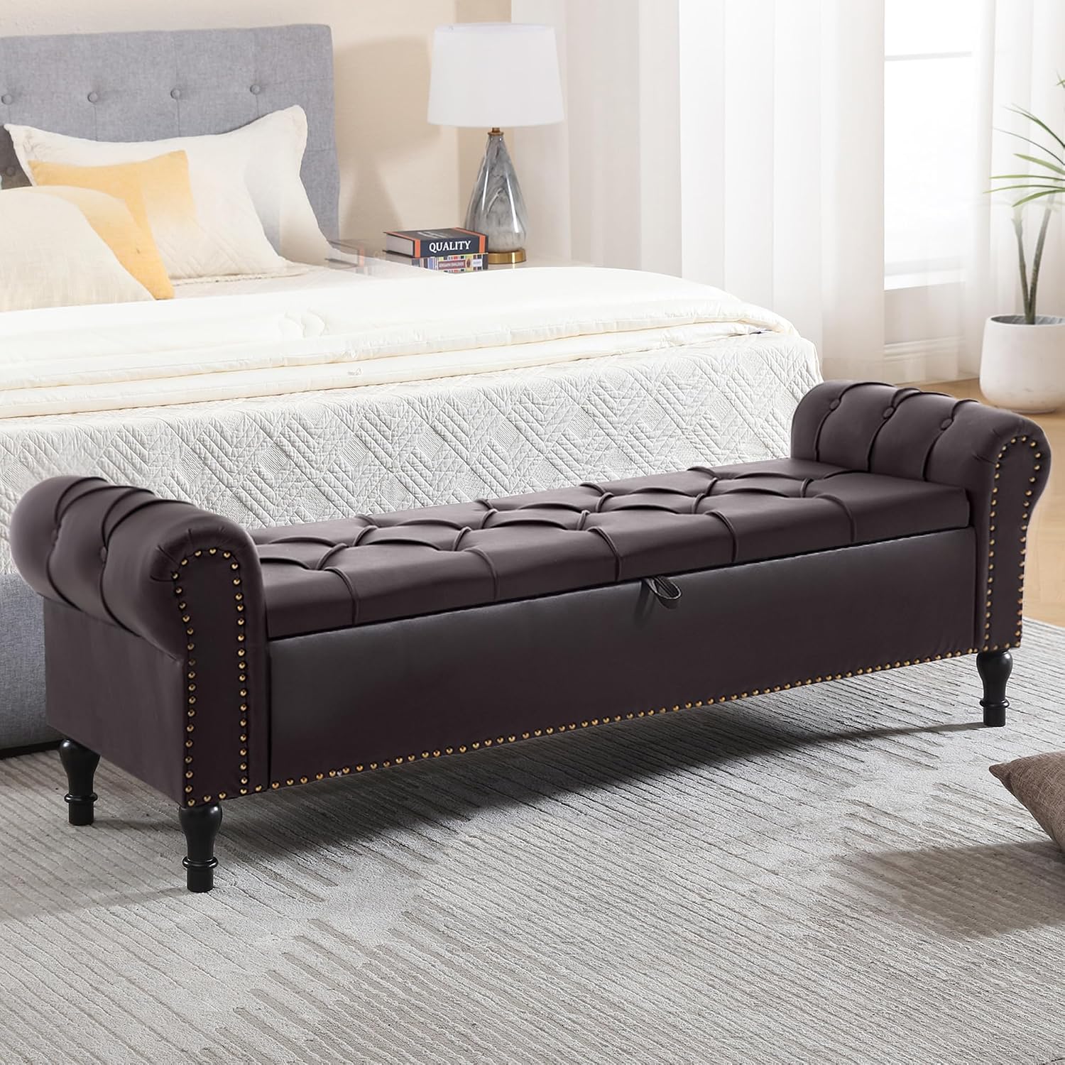 Large Tufted Faux Leather Storage Ottoman Bench