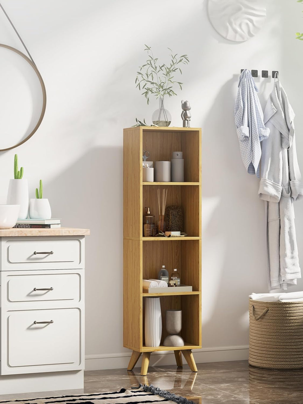 Modern Oak 4‑Tier Narrow Open Bookshelf