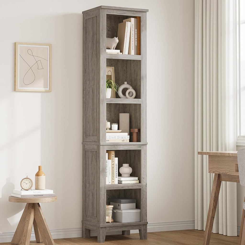 Farmhouse Oak 5‑Tier Narrow Wooden Bookshelf