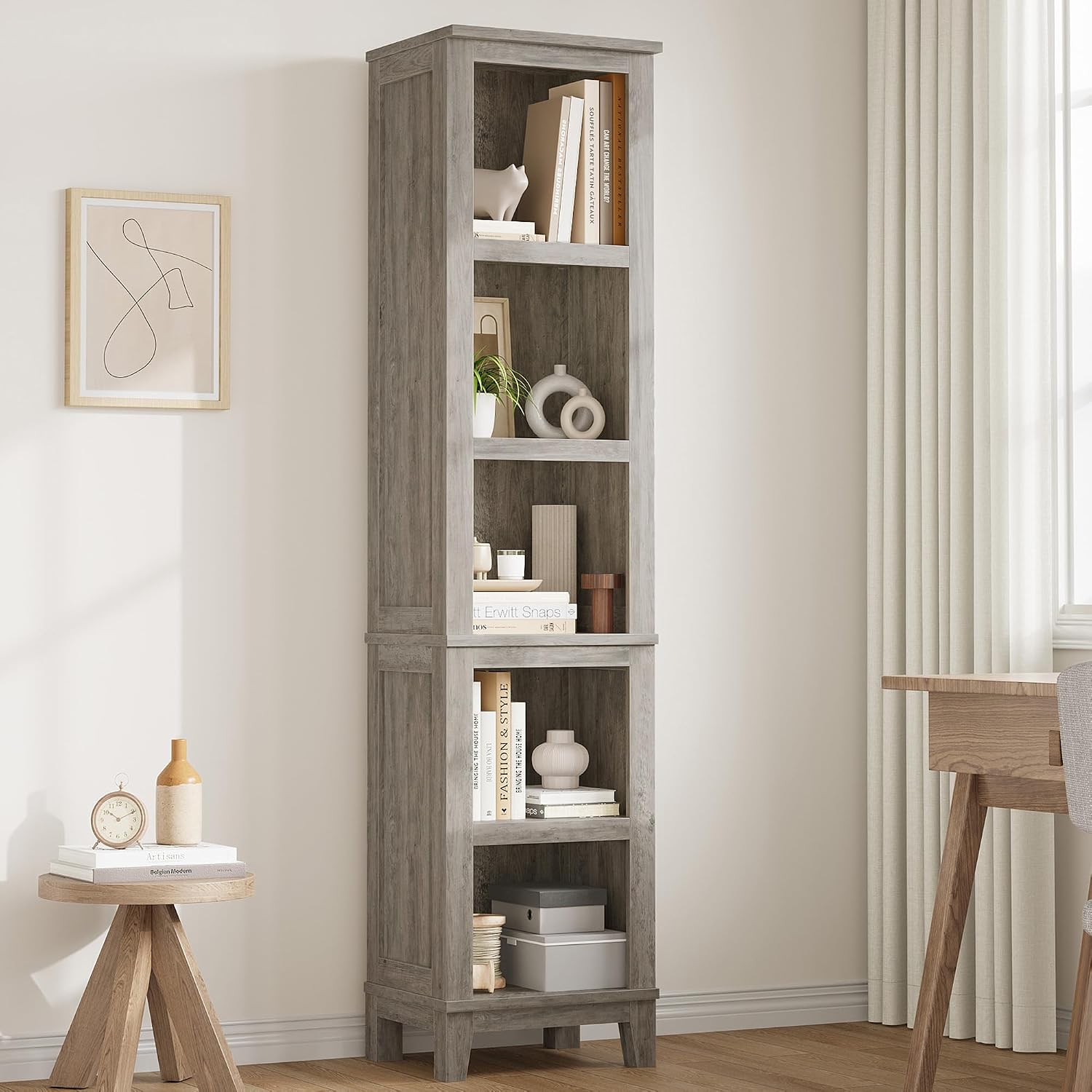 Farmhouse Oak 5‑Tier Narrow Wooden Bookshelf