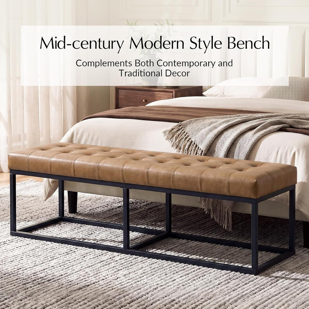 Mid‑Century Tufted Faux Leather Ottoman Bench