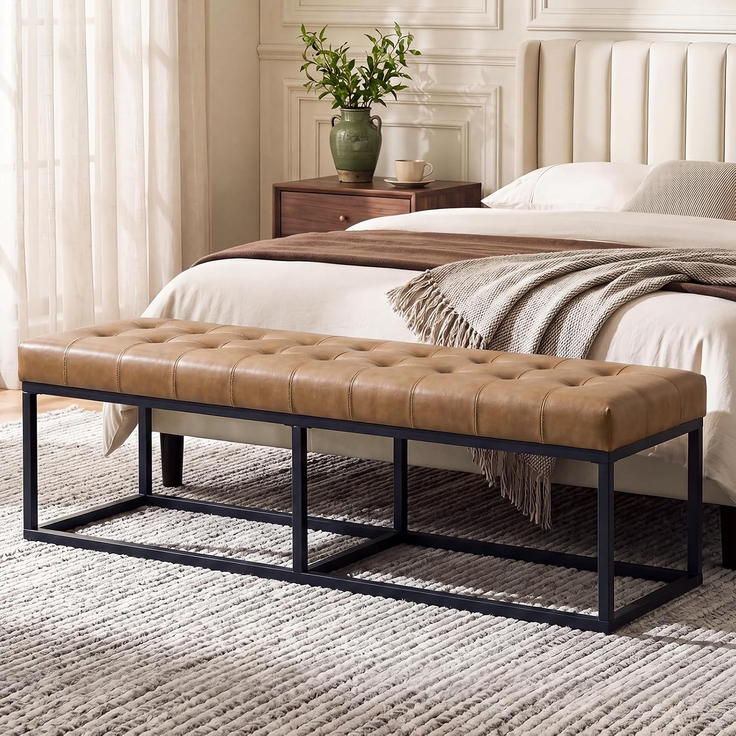 Mid‑Century Tufted Faux Leather Ottoman Bench