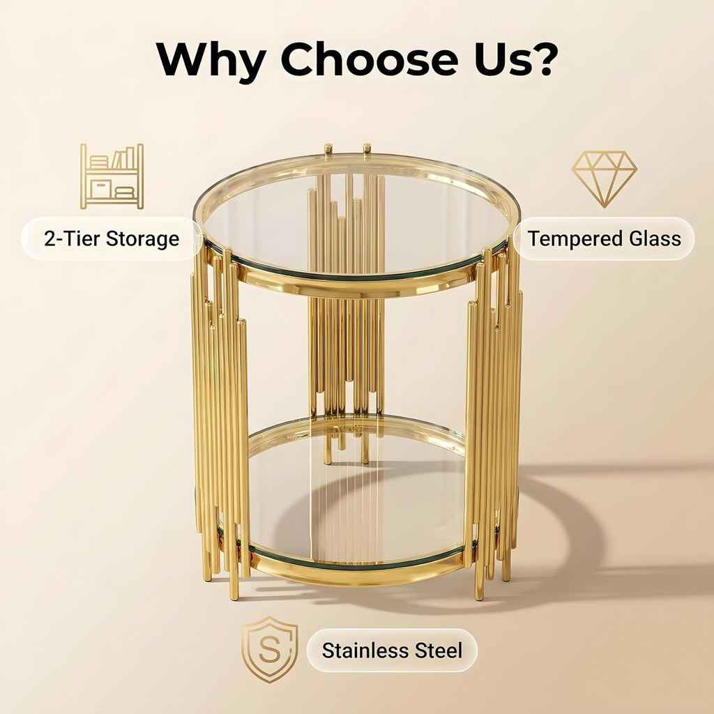 Gold Glass Side Table with Storage Drawers