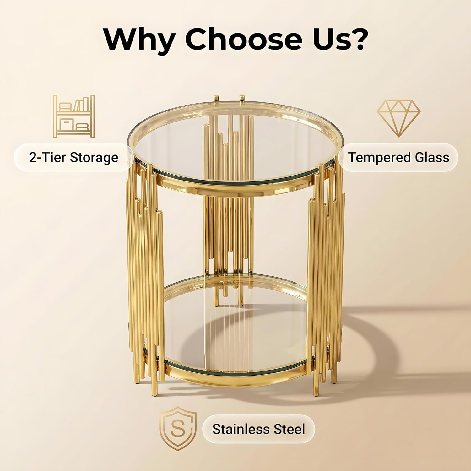 Gold Glass Side Table with Storage Drawers